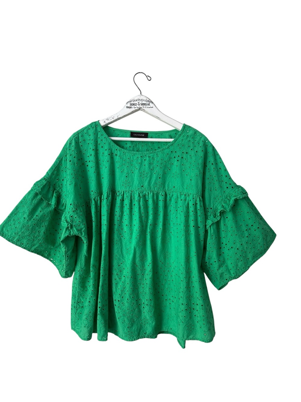 Calligraphie Green Eyelet Flutter Sleeve Blouse XL See Measurements
